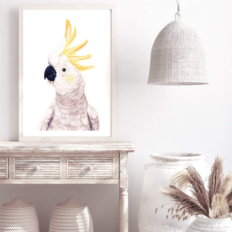 Cassidy The Cockatoo-The Paper Tree-animal,australia,australian,australiana,beach,bird,boho,cockatoo,feathers,neutral,painted,painted print,parrot,portrait,premium art print,wall art,Wall_Art,Wall_Art_Prints,white,yellow