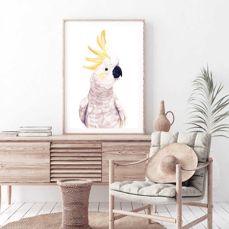 Cassidy The Cockatoo II-The Paper Tree-animal,australia,australian,australiana,bird,boho,cockatoo,feathers,hand painted,neutral,painted,parrot,portrait,premium art print,wall art,Wall_Art,Wall_Art_Prints,white,yellow