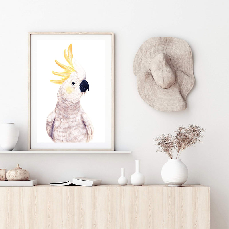 Cassidy The Cockatoo II-The Paper Tree-animal,australia,australian,australiana,bird,boho,cockatoo,feathers,hand painted,neutral,painted,parrot,portrait,premium art print,wall art,Wall_Art,Wall_Art_Prints,white,yellow