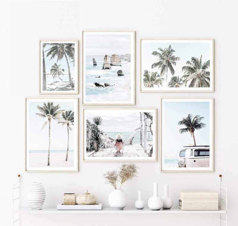 Palm Trees On The Beach-The Paper Tree-america,Art_Prints,Artwork,BEACH,beach entrance,beach path,beach scene,blue,boho,coastal,COASTAL ART,Designer,hamptons,neutral,PALM TREE,palm trees,path to beach,portrait,premium art print,surfers,travel,wall art,Wall_Art,Wall_Art_Prints