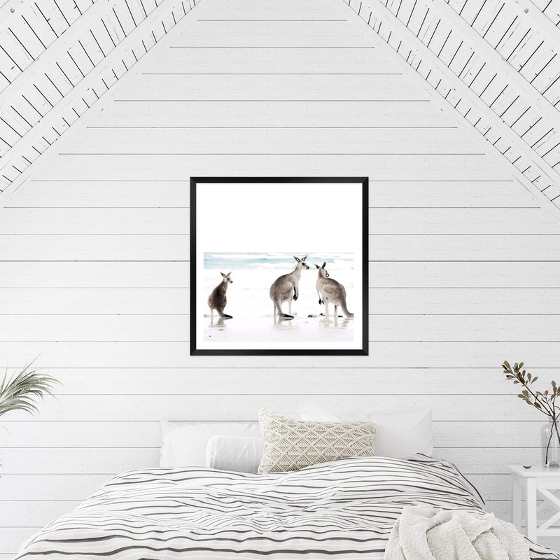 Kangaroo's On The Beach Square-The Paper Tree-animal,Art Print,art prints,Artwork,australia,australian,australian native,australiana,beach,boho,coastal,framed,hamptons,kangaroo,kangaroo's,Muted Tone,native,neutral,ocean,premium art print,square,wall art,Wall_Art,Wall_Art_Prints,waves,white