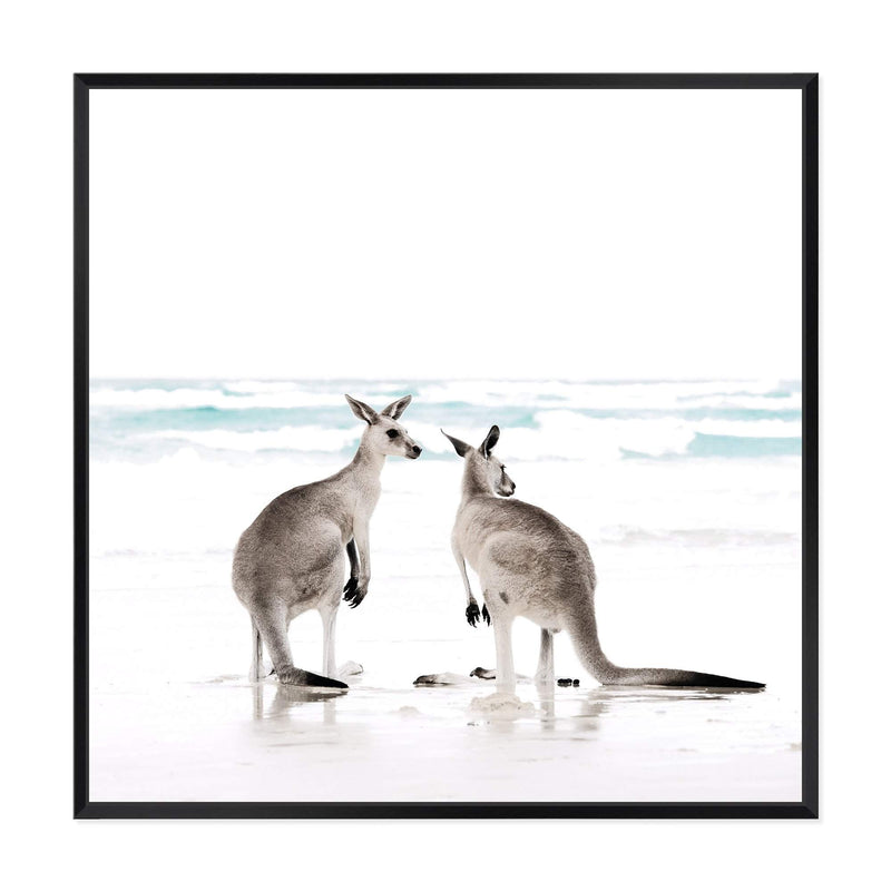 Kangaroo's On The Beach Square II-The Paper Tree-animal,Art Print,art prints,Artwork,australia,australian,australian native,australiana,beach,boho,coastal,framed,hamptons,kangaroo,kangaroo's,Muted Tone,native,neutral,ocean,premium art print,square,wall art,Wall_Art,Wall_Art_Prints,waves,white