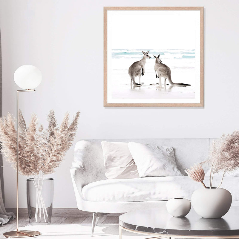 Kangaroo's On The Beach Square II-The Paper Tree-animal,Art Print,art prints,Artwork,australia,australian,australian native,australiana,beach,boho,coastal,framed,hamptons,kangaroo,kangaroo's,Muted Tone,native,neutral,ocean,premium art print,square,wall art,Wall_Art,Wall_Art_Prints,waves,white