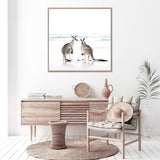 Kangaroo's On The Beach Square II-The Paper Tree-animal,Art Print,art prints,Artwork,australia,australian,australian native,australiana,beach,boho,coastal,framed,hamptons,kangaroo,kangaroo's,Muted Tone,native,neutral,ocean,premium art print,square,wall art,Wall_Art,Wall_Art_Prints,waves,white