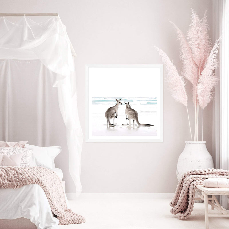 Kangaroo's On The Beach Square II-The Paper Tree-animal,Art Print,art prints,Artwork,australia,australian,australian native,australiana,beach,boho,coastal,framed,hamptons,kangaroo,kangaroo's,Muted Tone,native,neutral,ocean,premium art print,square,wall art,Wall_Art,Wall_Art_Prints,waves,white