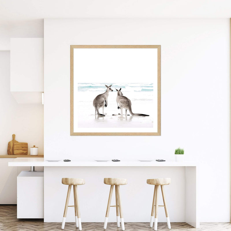 Kangaroo's On The Beach Square II-The Paper Tree-animal,Art Print,art prints,Artwork,australia,australian,australian native,australiana,beach,boho,coastal,framed,hamptons,kangaroo,kangaroo's,Muted Tone,native,neutral,ocean,premium art print,square,wall art,Wall_Art,Wall_Art_Prints,waves,white