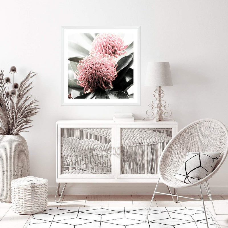 Australian Native Waratah Flower Square II-The Paper Tree-Art Print,art prints,Artwork,australia,australian,australian native,australiana,botanical,floral,flower,framed,green,muted tone,native,pink,premium art print,red,red flower,square,wall art,Wall_Art,Wall_Art_Prints,waratah,waratah flower