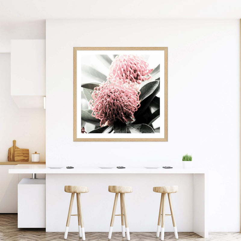 Australian Native Waratah Flower Square II-The Paper Tree-Art Print,art prints,Artwork,australia,australian,australian native,australiana,botanical,floral,flower,framed,green,muted tone,native,pink,premium art print,red,red flower,square,wall art,Wall_Art,Wall_Art_Prints,waratah,waratah flower