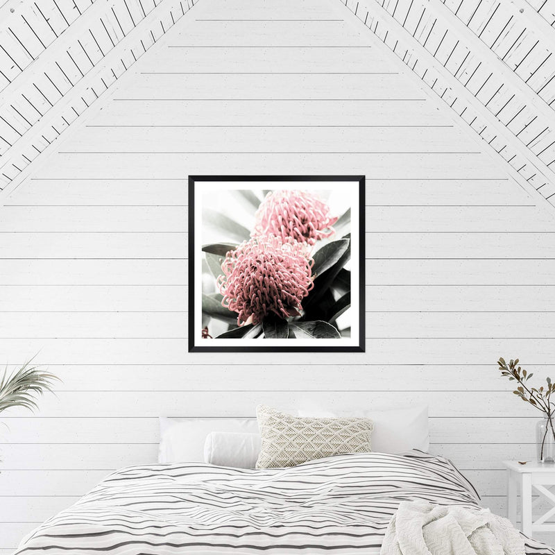 Australian Native Waratah Flower Square II-The Paper Tree-Art Print,art prints,Artwork,australia,australian,australian native,australiana,botanical,floral,flower,framed,green,muted tone,native,pink,premium art print,red,red flower,square,wall art,Wall_Art,Wall_Art_Prints,waratah,waratah flower