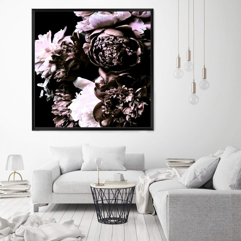 Shaded Florals Square-The Paper Tree-Art Print,art prints,Artwork,black,blooms,dark blooms,floral,flower,framed,peonies,peony,premium art print,purple,square,wall art,Wall_Art,Wall_Art_Prints,white