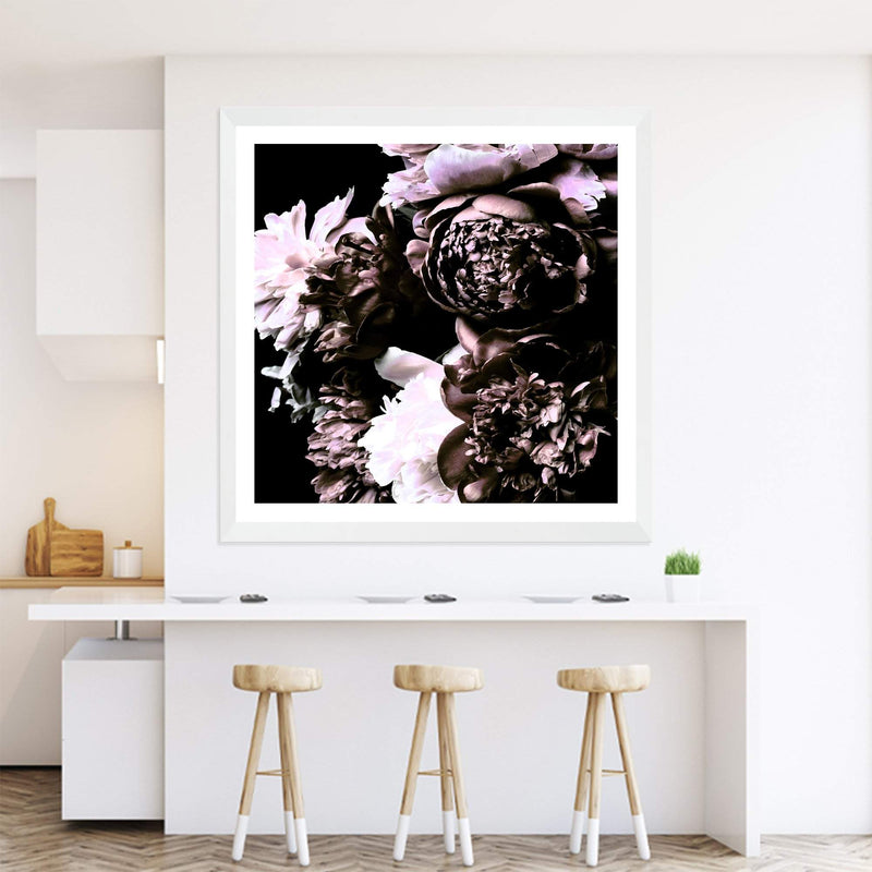 Shaded Florals Square-The Paper Tree-Art Print,art prints,Artwork,black,blooms,dark blooms,floral,flower,framed,peonies,peony,premium art print,purple,square,wall art,Wall_Art,Wall_Art_Prints,white