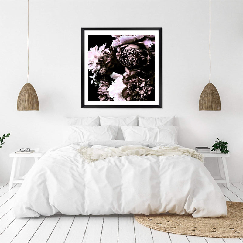 Shaded Florals Square-The Paper Tree-Art Print,art prints,Artwork,black,blooms,dark blooms,floral,flower,framed,peonies,peony,premium art print,purple,square,wall art,Wall_Art,Wall_Art_Prints,white