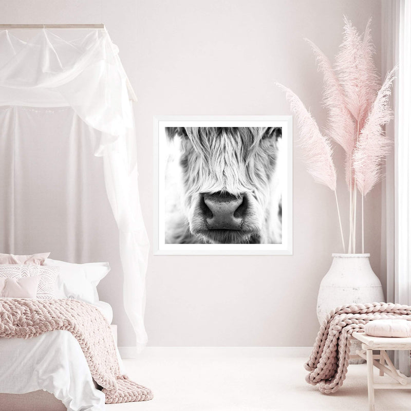 Highland Cow Portrait II | Square-The Paper Tree-animal,Art Print,art prints,Artwork,black & white,boho,framed,highland,highland bull,highland cattle,highland cow,monochrome,premium art print,square,wall art,Wall_Art,Wall_Art_Prints