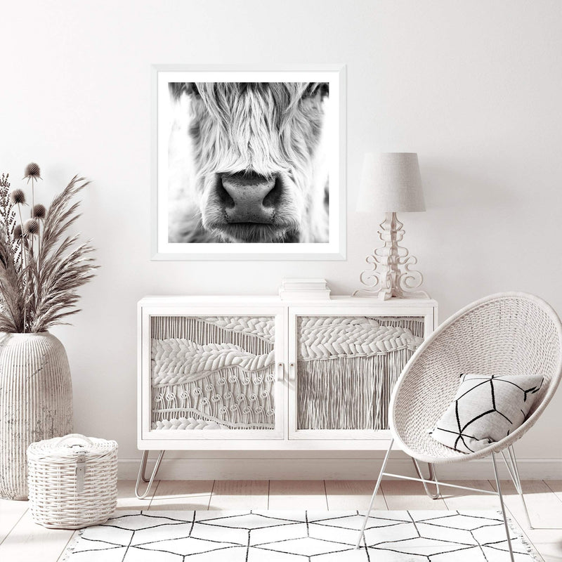 Highland Cow Portrait II | Square-The Paper Tree-animal,Art Print,art prints,Artwork,black & white,boho,framed,highland,highland bull,highland cattle,highland cow,monochrome,premium art print,square,wall art,Wall_Art,Wall_Art_Prints