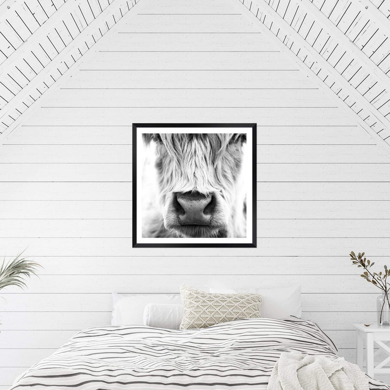 Highland Cow Portrait II | Square-The Paper Tree-animal,Art Print,art prints,Artwork,black & white,boho,framed,highland,highland bull,highland cattle,highland cow,monochrome,premium art print,square,wall art,Wall_Art,Wall_Art_Prints